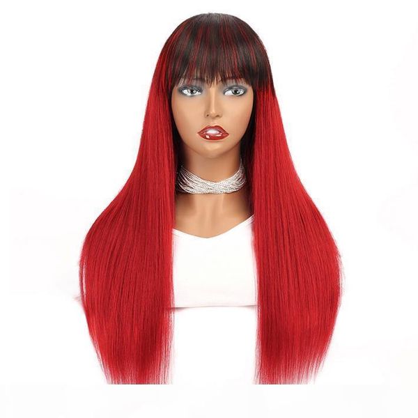 

1b red ombre braided wig long straight remy human hair peruvian glueless wig machine made colored non lace wigs with bangs for black women, Black;brown