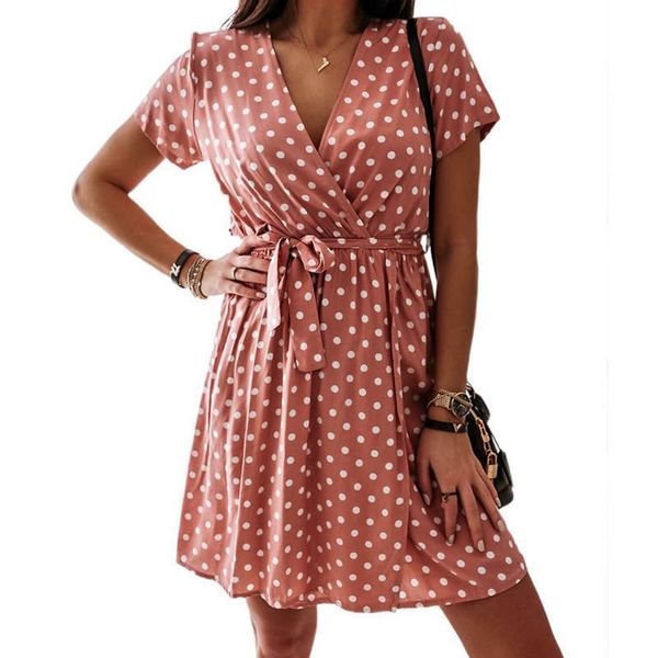 

womens summer polka dot print dress short sleeve v-neck loose casual evening party mini dress drop shipping, Black;gray