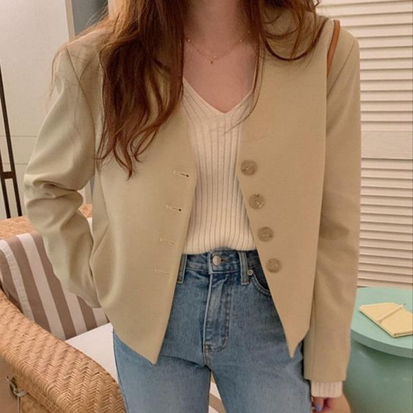 

women's suits & blazers comel2021 korean blazer autumn v-neck single-breasted loose all-match solid color long sleeve suit coat, White;black
