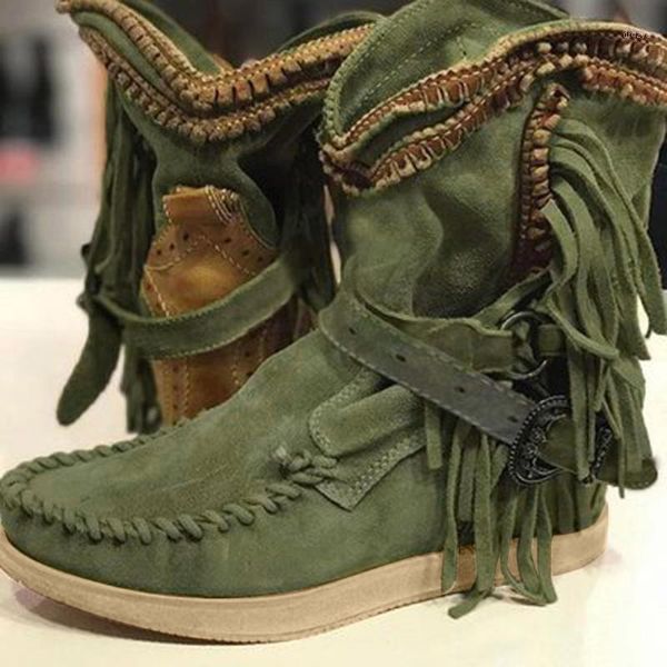 

shoes woman fashion boots zapatos de mujer women's fashion casual round toe rome retro fringe short ankle boots flat shoes1, Black