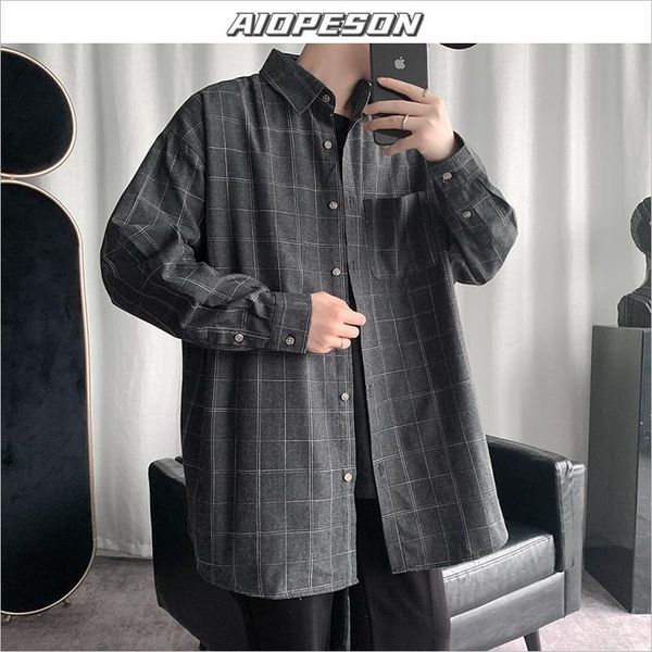 

aiopeson harajuku plaid shirt men 2021 new spring streetwear korean long sleeve pocket men's shirt hip hop casual male shirts, White;black