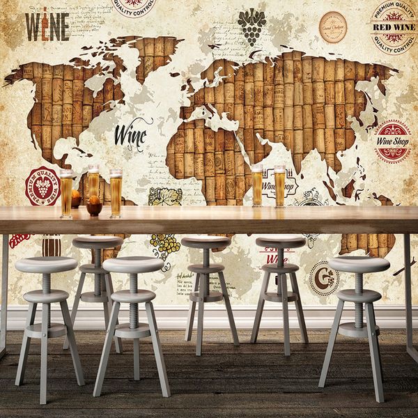 Vintage World Map Wine Stopper 3D Stereo Rilievo Carta da parati murale Ristorante Bar KTV Soggiorno TV Sfondo Decorazione murale Carta da parati