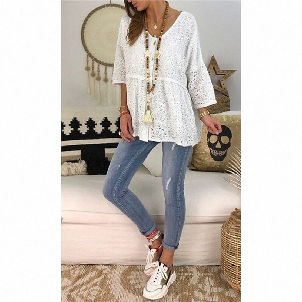 

women's blouse eyelet peplum plain lace round neck basic black white k7gb#