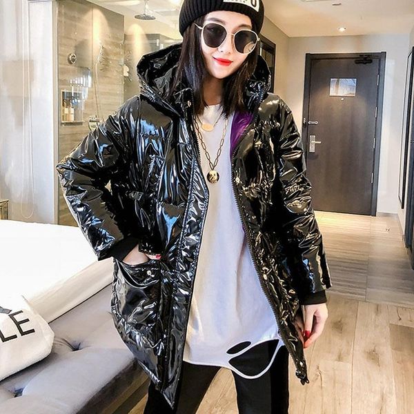 

winter 2021 fashion hooded glossy down cotton-padded outerwear women plus size thick warm bright black shiny parka cotton jacket