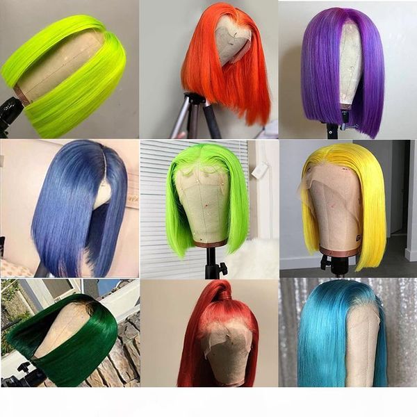 

pink bob lace front wigs human hair 13x4 pre plucked 613 blonde blue red grey green ombre short bob wigs for black women rem, Black;brown