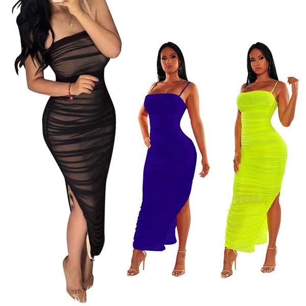 

suspenders folds dresses ladies split bodycon dresses female mesh party club long dress, Black;gray