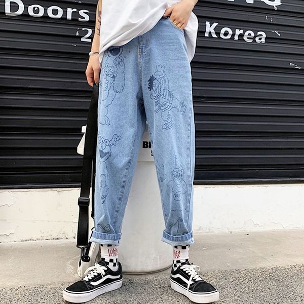 

2021 autumn women retro fun cartoon print cotton loose high waist nine pants harajuku cute anime jeans female 5gr9, Blue