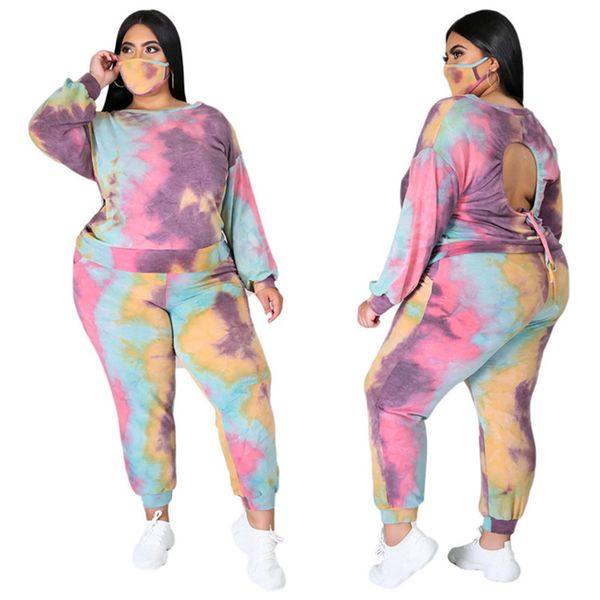 

plus size 3x 4x women designer tie dye two piece set fall winter tracksuits pullover hoodies+pants bigger size outfits sportswear 4059, White