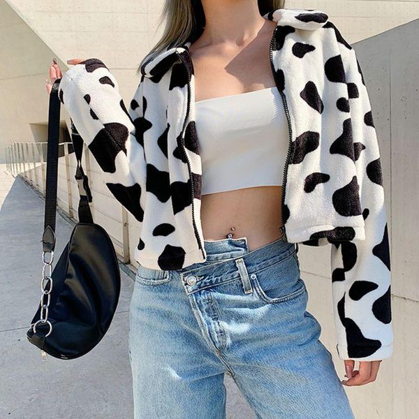 

women winter fuzzy plush short jacket long sleeve fluffy lapel zip up cropped coat black white milk cow print harajuku outwear, Black;brown