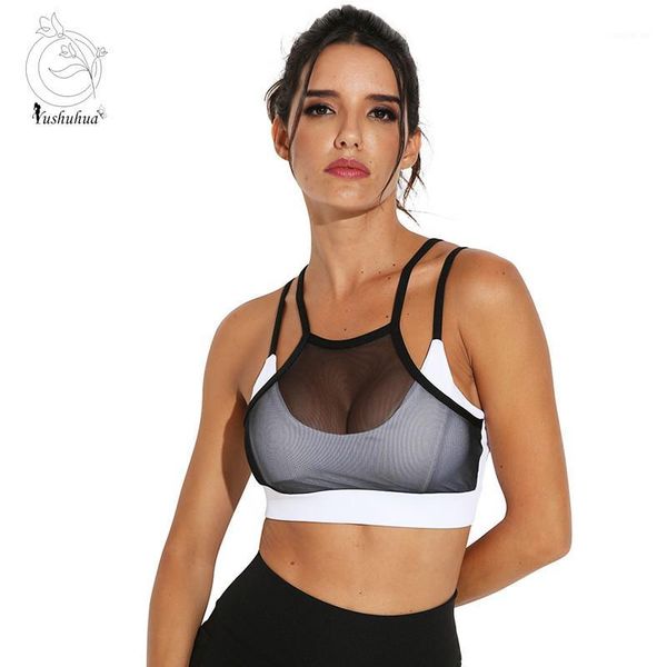 

gym clothing yushuhua white black hollow out mesh sport bra women padded high impact underwear double thin shoulder strap sports br