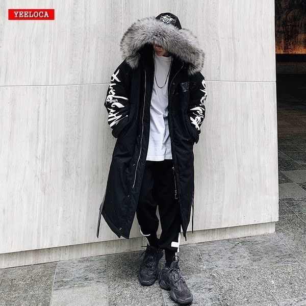 

winter hip hop fashion long fur collar coat cotton jacket hoodies clothing street wear outerwear & coats warm thick 201026, Black;brown