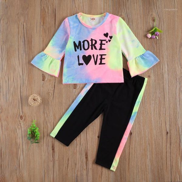 

2021 fashion new autumn baby girls outfits suit kids multicolor tie-dyed flared sleeve + black long pants clothing set1, White