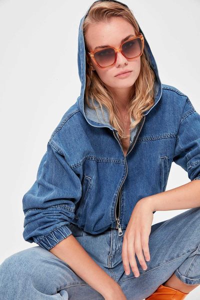 

trendyol blue hooded bomber denim jacket t200301, Black;brown