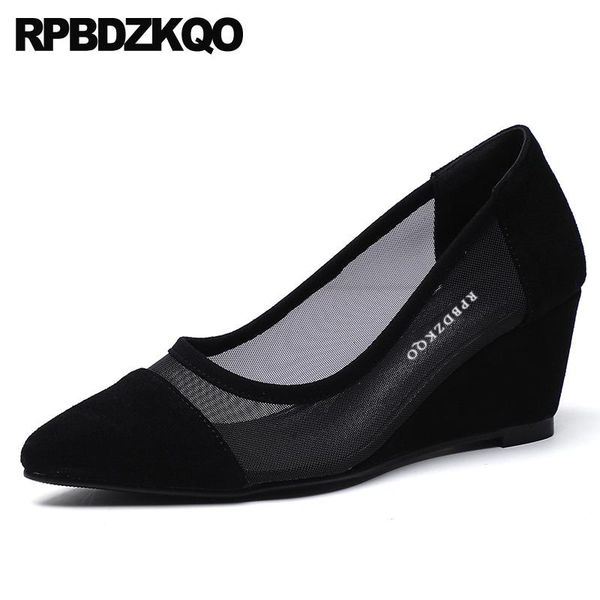 

luxury suede size 33 pointed toe black small sheepskin shoes women 2020 4 34 genuine leather wedge 3 inch mesh high heels pumps