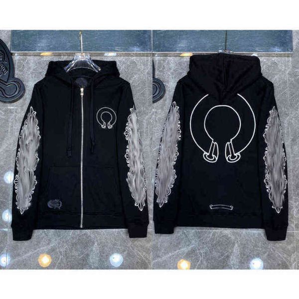 

luxury classic designer fashion hoodies mens zipper ch horseshoe sanskrit cross print pullover hooded sweatshirts sweater woman loose jackts, Black