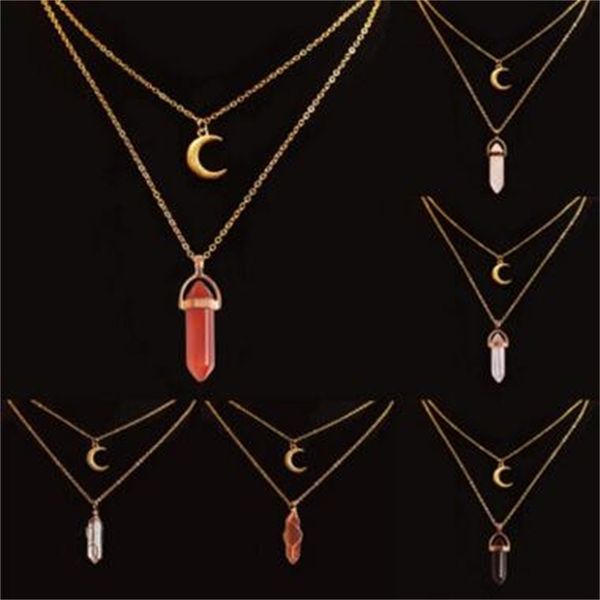 

gold stone necklace chain multilayer moon natural pendant hexagonal necklacesjst1