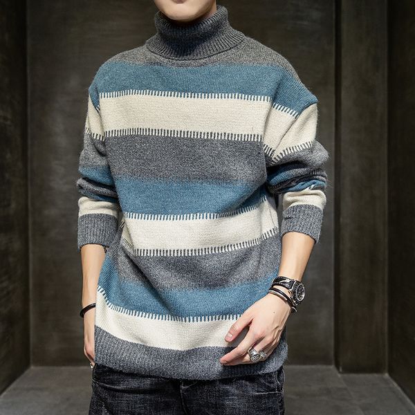 

2021 new turtleneck men knitted pullover striped pattern street wear slim sweater mens autumn basic atg3, White;black