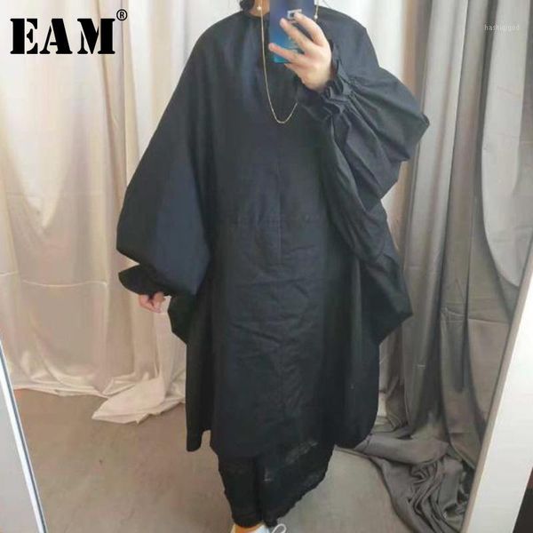 

eam] 2019 spring summer woman stylish new purple black color long puff sleeve stand collar long loose big size dress lg031, Black;gray