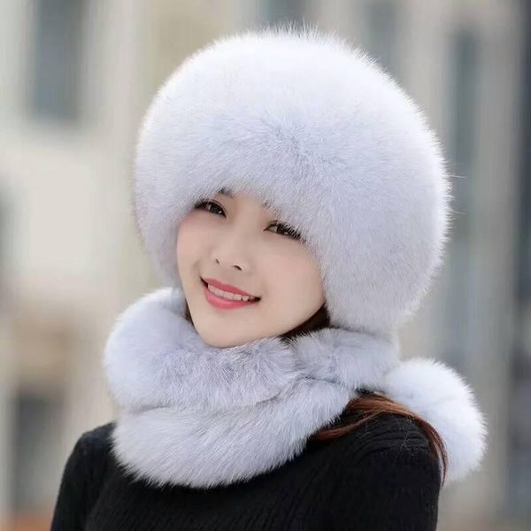 

the extra length of women's winter hat with fur wrap around can be used as a scarf and hang on the back cover chain, Blue;gray