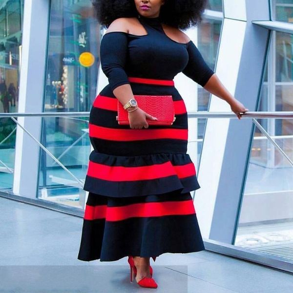 

african women big size dress 4xl 5xl falbala patchwork ankle length high waist 2021 summer elegant evening party dinner dresses, Black;gray