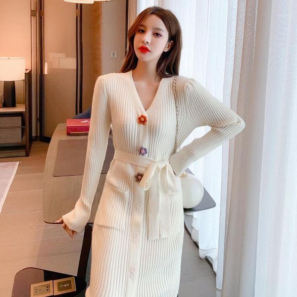 

elegant korean winter vestidos women streetwear knitted dress thickening v-neck warm long dress female slim sweater dresses1, Black;gray