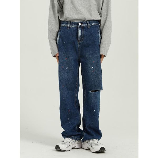 

men hole paint retro loose casual straight jeans pant long trousers new male streetwear hip hop vintage denim pant, Blue