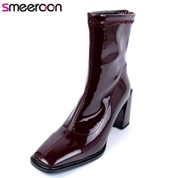 

boots smeeroon 2021 est stretch patent leather anke women square toe fashion autumn winter casual party shoes ladies, Black