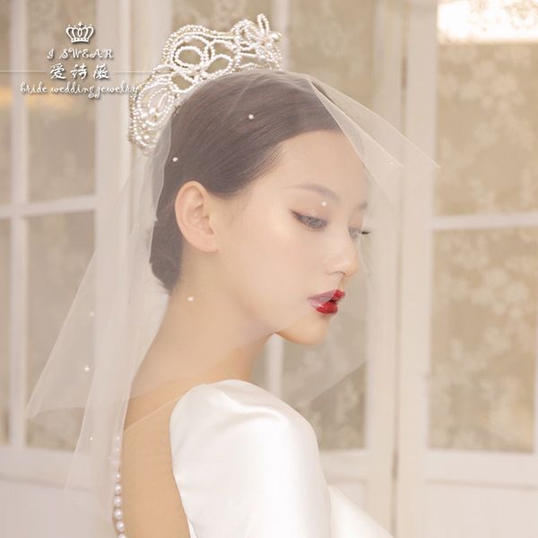 

aisiwei japanese and korean brides pearl hair ornament wedding dress princess crown headdress fairy beauty accessories, Silver