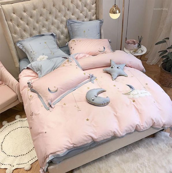 

cute cartoon star moon bedding set teen kid,full  king lovely pink double home textile bed sheet pillow case duvet cover1