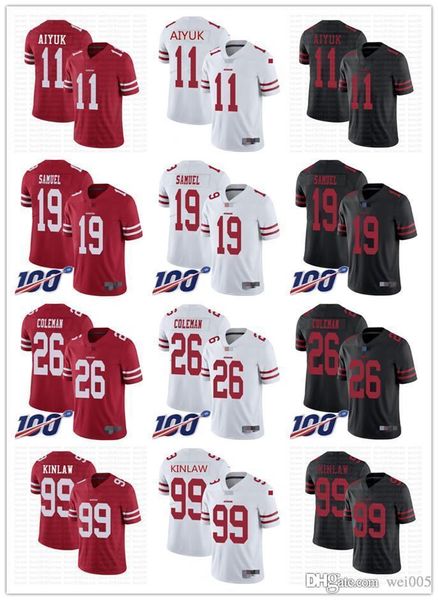 

men women youth san francisco 49ers 11 brandon aiyuk red 99 javon kinlaw white 19 deebo samuel football jerseys 26 tevin coleman, Black;red