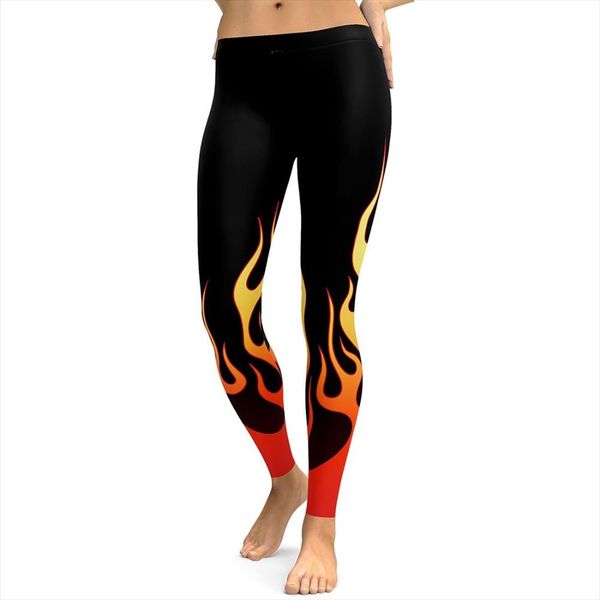 

russian style fire flame printing punk stretchy trousers casual pants womens fitness high waist plus size leggings, Black
