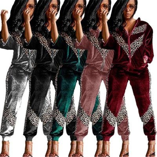

ladies golden velvet sets fashion trend leopard splicing long sleeve zipper pants suits designer female casual loose two piece sets, White