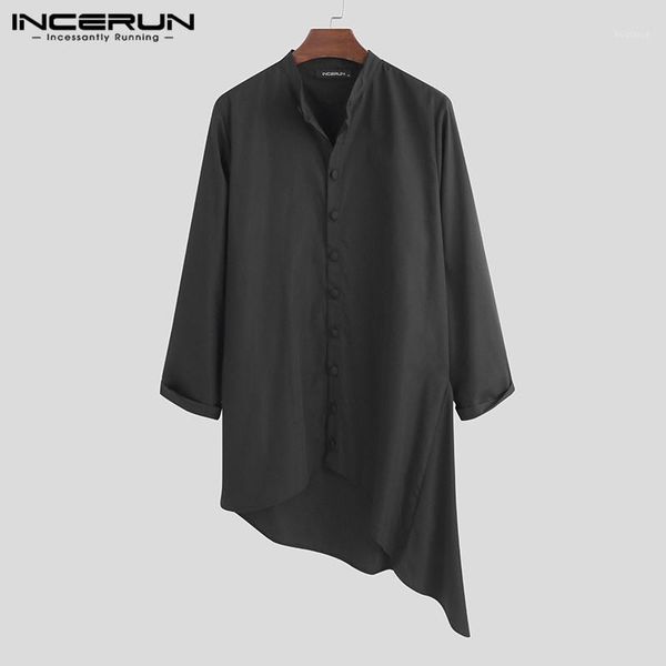 

incerun men vintage long shirts casual long sleeve stand collar blouse man retro solid color irregular muslim kaftan blusa 5xl1, White;black