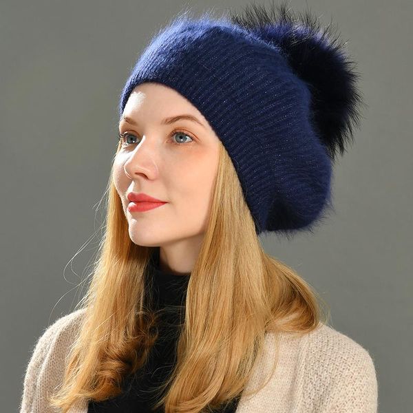 

berets winter hat 2021 ladies wool cashmere beret women spring autumn brand casual bonnet long fur knitted hats for girls, Blue;gray