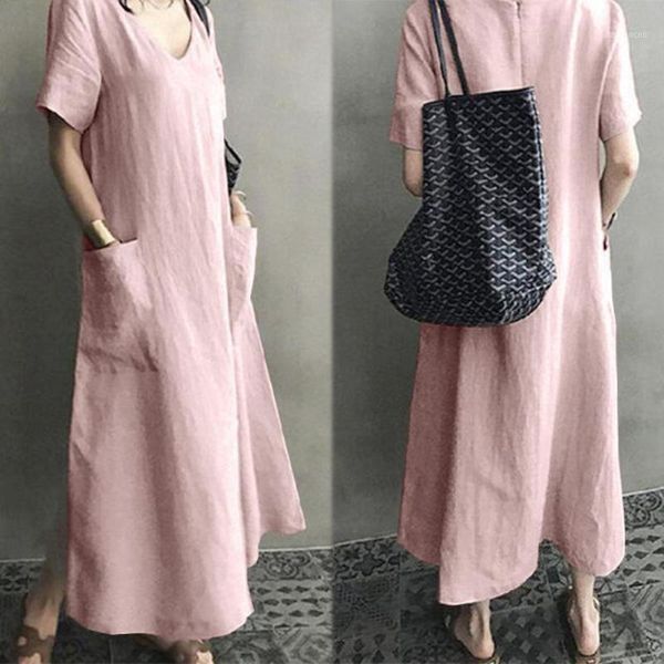 

s-4xl women dress casual solid color short sleeve v neck pockets large hem loose long dress women ladies fashion vestidos1, Black;gray