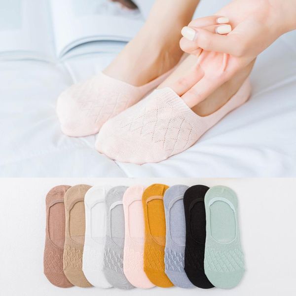 

summer mesh anti-slip off all hidden socks women's pure cotton not off-heel low-cut no-show socks solid color rhombus hidden soc, Black;white