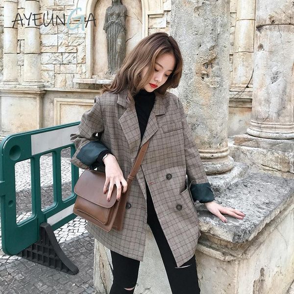 

autumn 2xl jackets women plaid double breasted woman jacket elegant office lady long sleeve casual tailored winter coat1, Black;brown