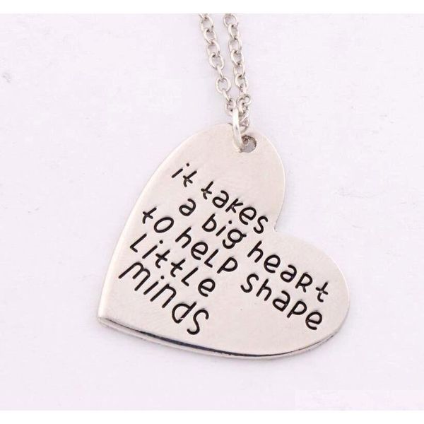 

gift for teacher "it takes a big heart to help shape little minds" charm love heart pendant necklace n1681 24 inches chains hpwex, Silver
