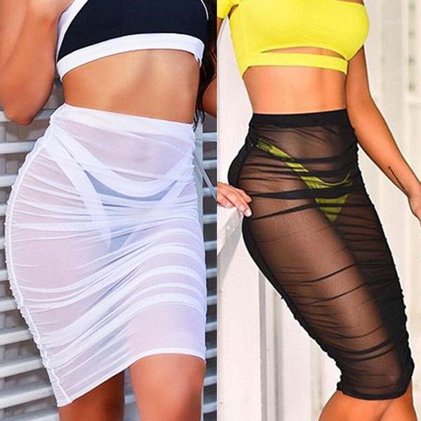 

women's swimwear white black pleated wrap beach cover up skirt women chiffon beachwear short bathing swim suit dress cover-ups1