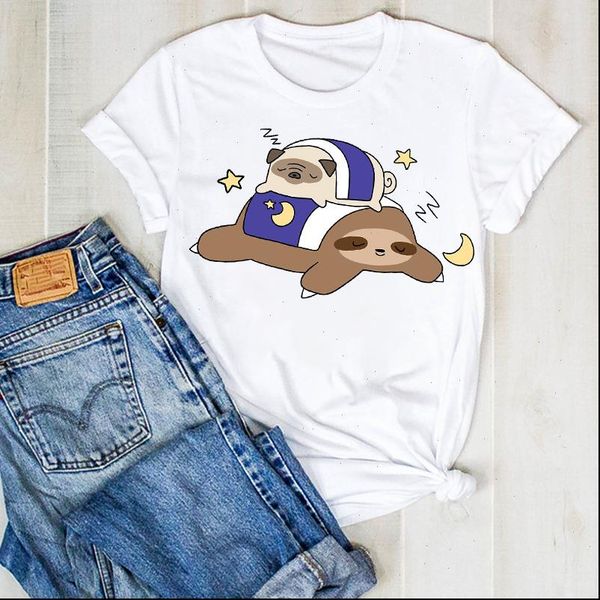 

women lady sloth summer moon night cute cartoon ladies t tee tshirt womens shirt clothes graphic clothing t shirt, White