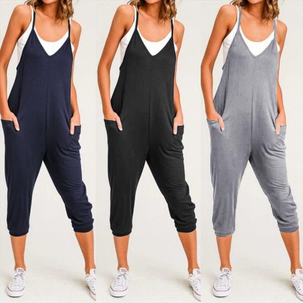 

2021 summer beach sleeveless jumpsuits women casual straps rompers loose v neck harem pants playsuits overalls s 5xl, Black;white