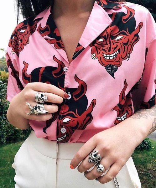 

harajuku shirts devil hawaiian shirt loose hip hop streetwear blouses men and women short sleeve summer beach camisa1, White