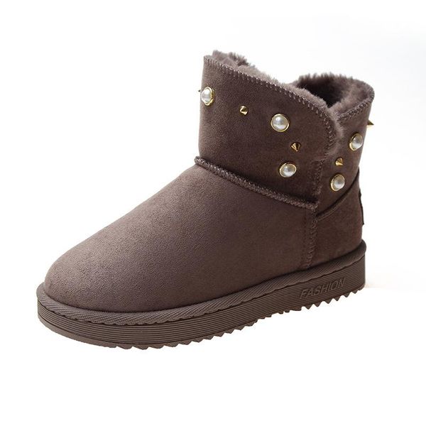 

2020 winter korean round head solid color tube thick plush snow boots flats shoes warm ankle boot rivet pearl women's boots, Black