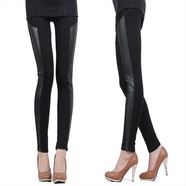 

3 patterns black women leggings faux leather 2020 new slim fit women splicing stretch stripe cotton legging pants size