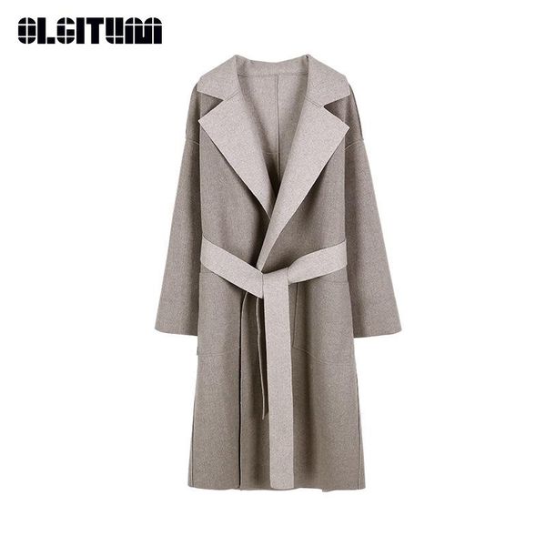 

new 2020 autumn korean style single-faced woolen coat women long slimming tie woolen coat casual elegant ladies, Black