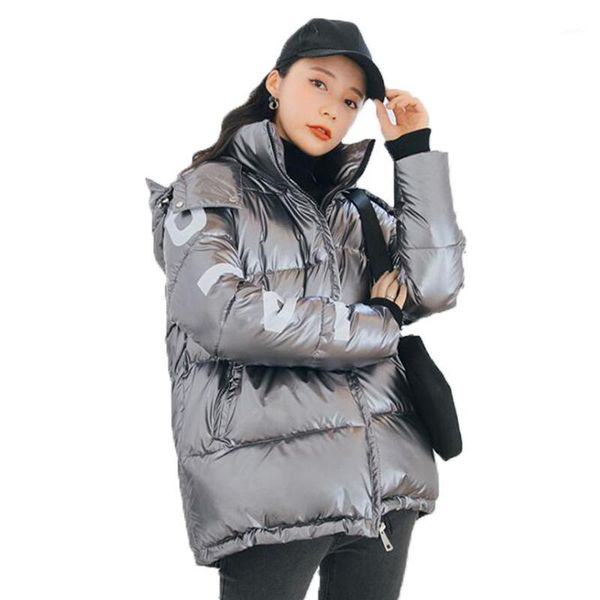 

winter female glossy cotton padded hooded thicken warm coat women letter printing winter jacket women loose fashion casual parka1, Tan;black