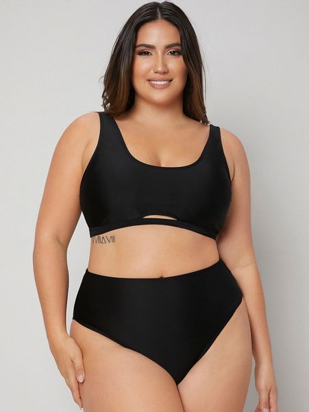 

plus cut-out high waisted bikini swimsuit 48u0#, Black