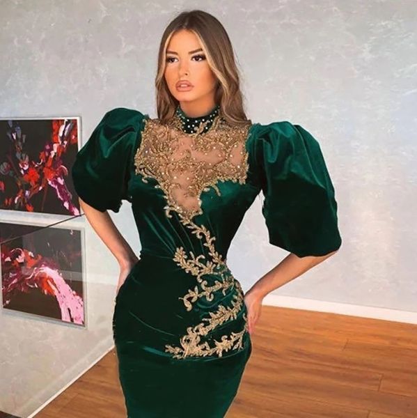 

dark green arabic evening dresses high neck appliques gold pleats half sleeves mermaid prom gowns velvet party dresses abendkleider, Black;red
