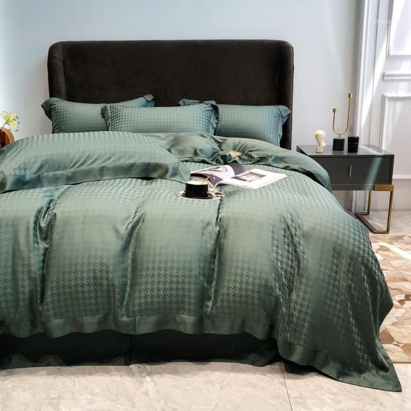 

luxury tencel silk embroidery houndstooth bedding set jacquard silky duvet cover flat sheet swallow gird  king bed linen1