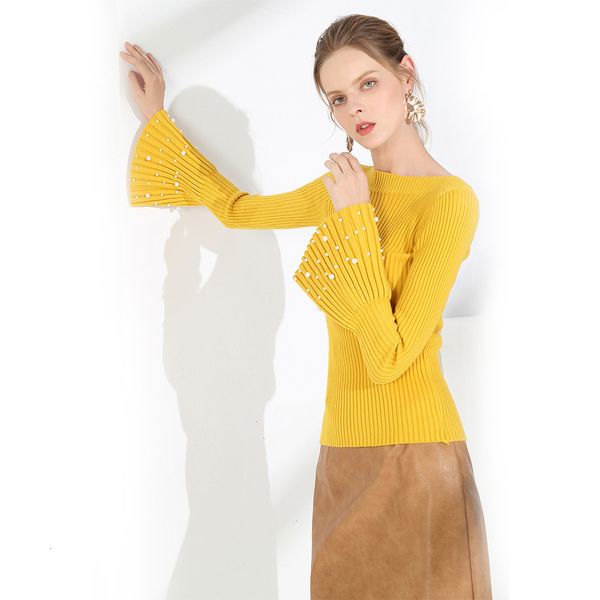 

2021 new slash neck winter sweater for women autumn pullovers pearl beading thick lady warm knit flare sleeve vintage 5fwt, White;black